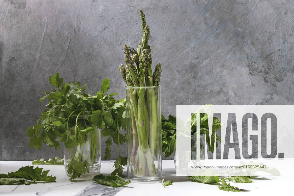 Asparagus ang greens Raw uncooked organic green asparagus, bunch of coriander herbs and fresh mint in glass jars on white kitchen table with grey texture wall as background. Copy space.