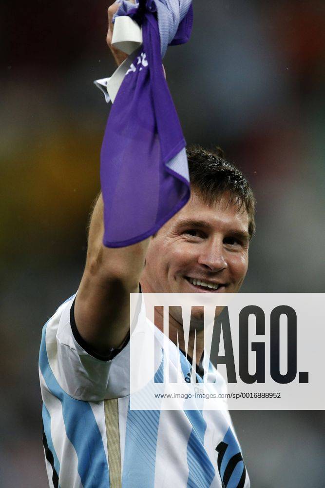Football, Netherlands v Argentina. 2014 World Cup Brazil. The Argentinean player Lionel Messi celebrates the win by penalty shoot-out against Netherlands by the semifinal match of the 2014 World Cup Brazil held at the Arena Corinthians stadium in Sao Paulo. 09 07 2014 Football, Netherlands v Argentina.