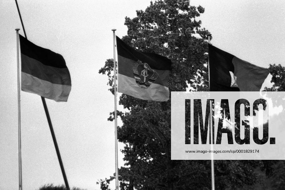 Die Nationalfahnen einträchtig nebeneinander v.li.: BR Deutschland, DDR und Haiti Fußball WM Herren Weltmeisterschaft 1974, Länderspiel, Vneg, Vsw Einzelbild Finale, Endspiel München