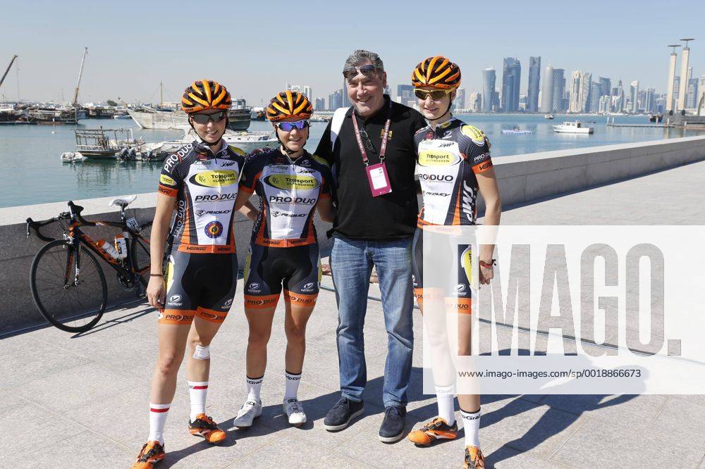 - DUKHAN BEACH, QATAR: L-R, Topsport Vlaanderen women cyclists Kaat Hannes, Nel De Crits, Eddy Merckx, Kelly Van Den Steen pose for photographer in marge of the first stage of the Ladies Tour of Qatar 2015 cycling race, 98km from Museum of Islamic Art to Dukhan Beach, Qatar, Tuesday 03 February 2015. The Ladies Tour of Qatar 2015 is taking place from 3 to 6 February. YUZURUxSUNADA x04560669x