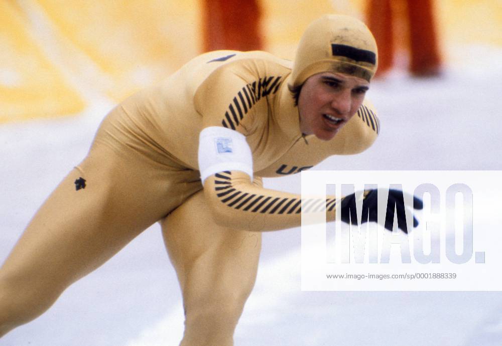 Eric Heiden (USA) gewann 5 Goldmedaillen bei den Olympischen Spiele 1980 in Lake Placid: er erreichte einmaliges in der Geschichte der Winterspiele: siegte über 500 m, 5.000 m, 1.000 m, 1.500 m, 10.000 m, stellte jeweils olymp. Rekorde auf diesen Strecken auf und lief neuen Weltrekord über 10.000 m Eisschnellauf OS Winter Herren Olympische Spiele 1980, Winterspiele, Eisschnellaufen, Eisschnelllauf, Eisschnelllaufen, Vdia Einzelbild Lake Placid