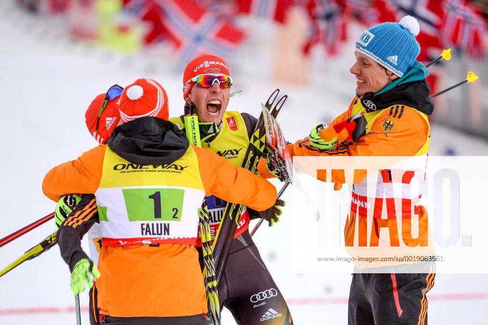 NORDIC SKIING - FIS Nordic WC Falun 2015 FALUN,SWEDEN,22.FEB.15 - NORDIC SKIING, NORDIC COMBINED, CROSS COUNTRY SKIING - FIS Nordic World Ski Championships, team competition, HS100 4x5km. Image shows the rejoicing of Fabian Riessle, Eric Frenzel, Johannes Rydzek and Tino Edelmann (GER).