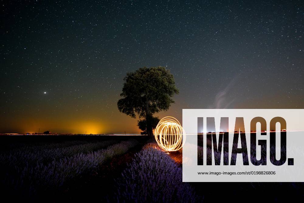 Rings of light the Milky Way in a summery Field of lavender with Starry sky, Brihuega Guadalajara
