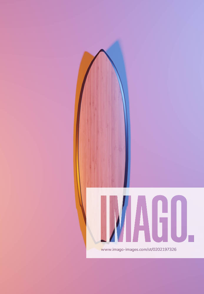 Surfboard with blue and orange light on a pink background, 3d rendering