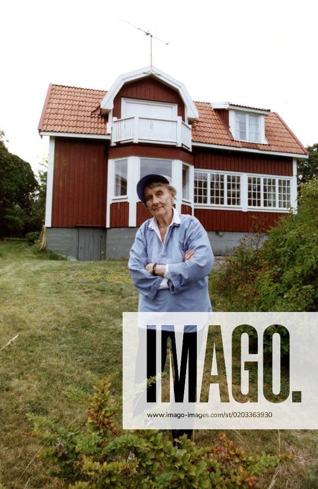 FURUSUND 1992 08 18 Swedish author Astrid Lindgren outside her summer house in Furusund Astrid LindgrenÂ s stories about characters such as Pippi Longstocking, Emil, Kalle Blomquist, The Brothers Lionheart, Karlsson on the Roof, Ronia the Robber