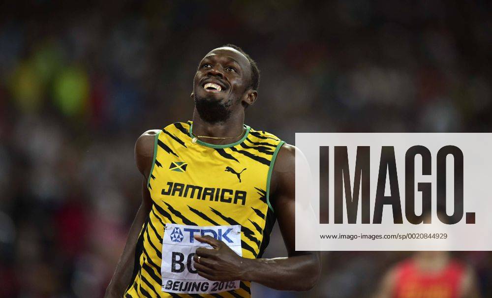 (CHINA OUT) Usain Bolt of Jamaica celebrates after winning gold in the Men s 100 metres final during day two of the 15th IAAF World Athletics Championships Beijing 2015 at Beijing National Stadium on August 23, 2015 in Beijing, China. CFP471824588