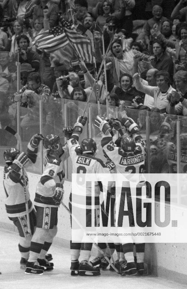 Nov. 1, 2015 - Lake Placid, New York, U.S. - Lake Placid, New York, February 1980 - Miracle on Ice - the USA hockey team defats the soviets on the way to a gold medal victory over Finland. -- USA v soviets game - celebration of USA goal - probably the the goal that tied the game 3-3. Minneapolis News - Nov. 1, 2015 - ZUMAm42_