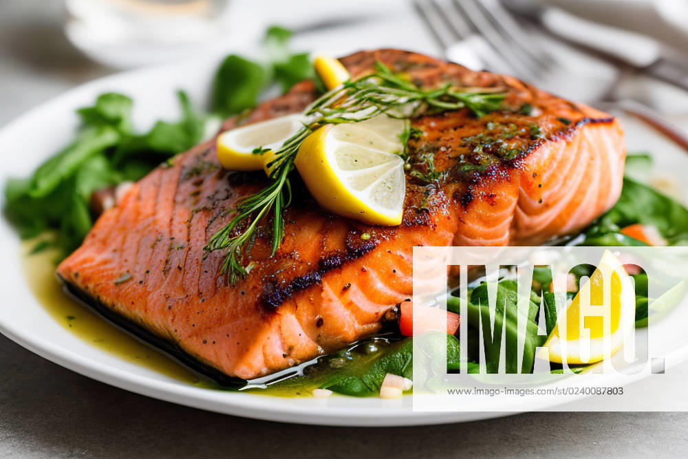 Generative AI illustration of appetizing baked salmon with green herbs and lemon slices served on white plate AdalbertoRodriguez_ID13181_402090_001