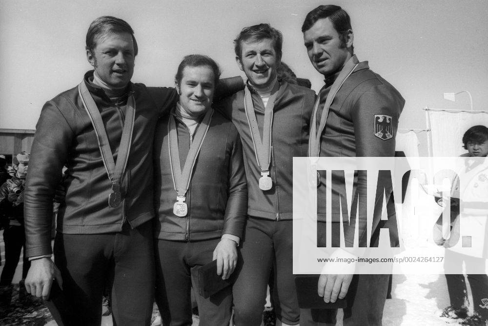 Olympische Spiele 1972 in Sapporo, der drittplazierte Viererbob BR Deutschland I, v.li.: Wolfgang Zimmerer, Walter Steinbauer, Stefan Gaisreiter und Peter Utzschneider