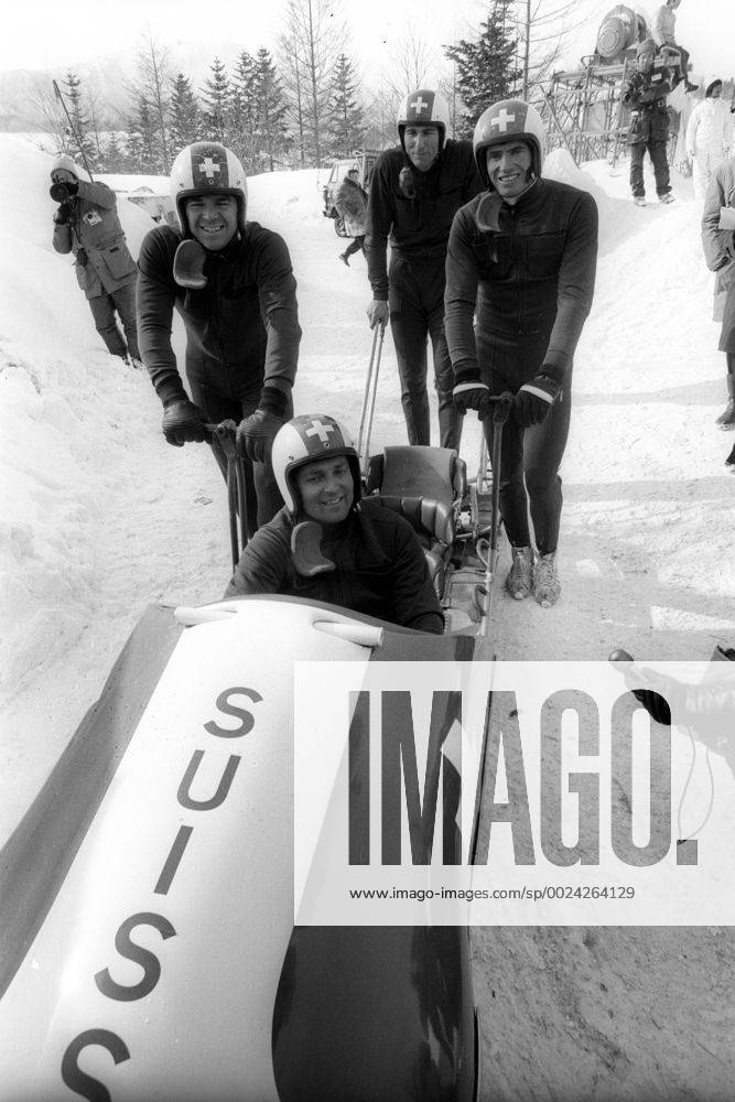 Olympische Spiele 1972 in Sapporo, Viererbob Schweiz I mit Jean Wicki, Hans Leutenegger, Werner Camichel, Edy Hubacher
