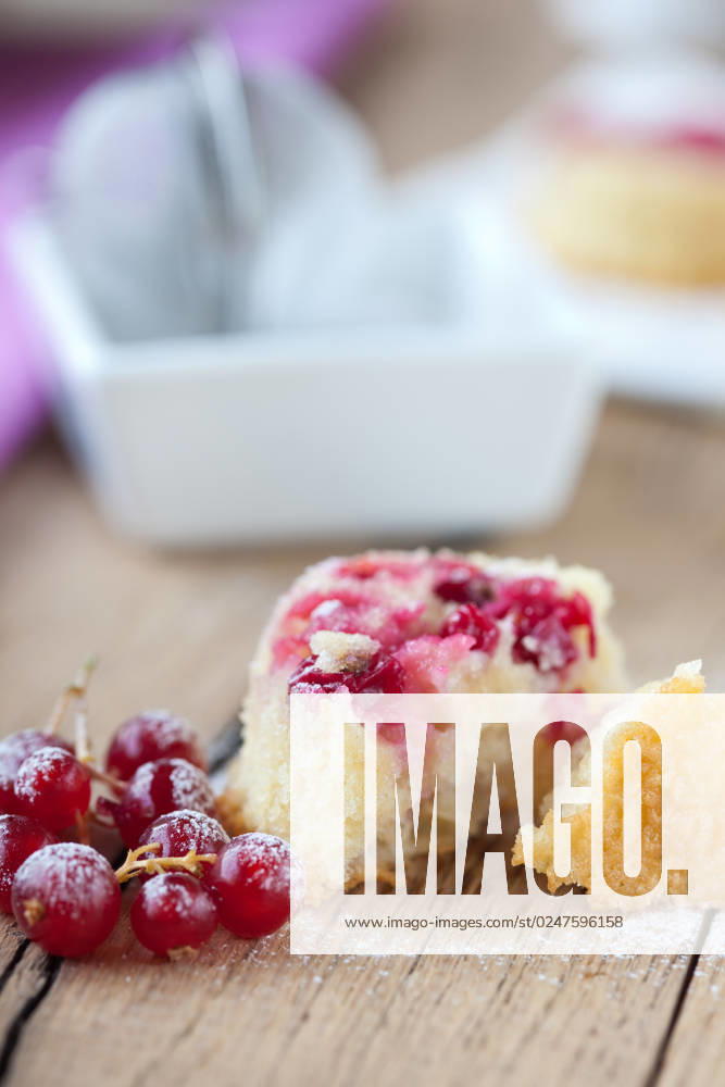 Small cupcakes with red currants on wooden background