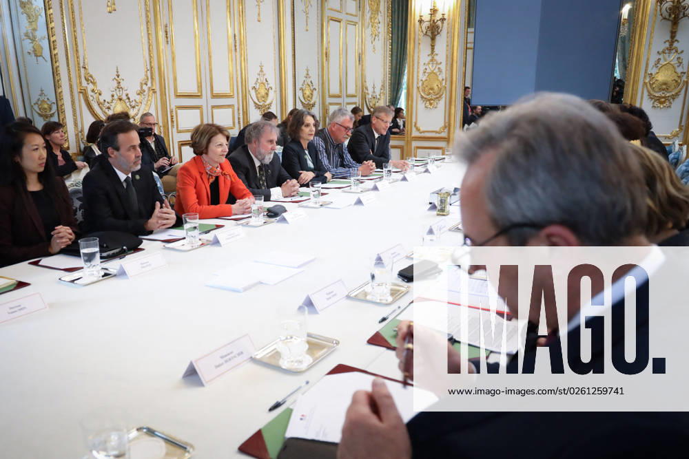 Emmanuel Macron Meets With IPBES Delegation - Paris (Left row, LtoR) Scientists of the Intergovernmental Science-Policy Platform on Biodiversity and Ecosystem Services (IPBES) Hien Ngo, Eduardo Brondizio, Anne Larigauderie, President of the IPBES Robert Watson, Sandra Diaz, Josef Settele and Paul Leadley, attend a meeting with French President Emmanuel Macron at the Elysee Palace in Paris on May 6, 2019. Photo by Hamilton Pool ABACAPRESS.COM Paris IDF France
