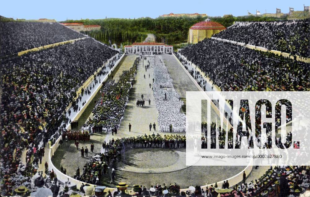 Das ausverkaufte Panathinaikos Stadion in Athen während der Eröffnungsfeier der ersten neuzeitlichen Sommerspiele 1896 - Leichtathletik OS Sommer Herren Olympische Spiele 1896, Sommerspiele, Eröffnung, Eröffnungsfeier, Feier, Zeremonie, Vneg Totale Panathinaikon Panathinaiko Kallimarmaron Athen Leichtathletik OS Sommer Herren Olympische Spiele 1896, Sommerspiele, Eröffnung, Eröffnungsfeier, Feier, Zeremonie, Vneg Totale Panathinaikon Panathinaiko Kallimarmaron Athen