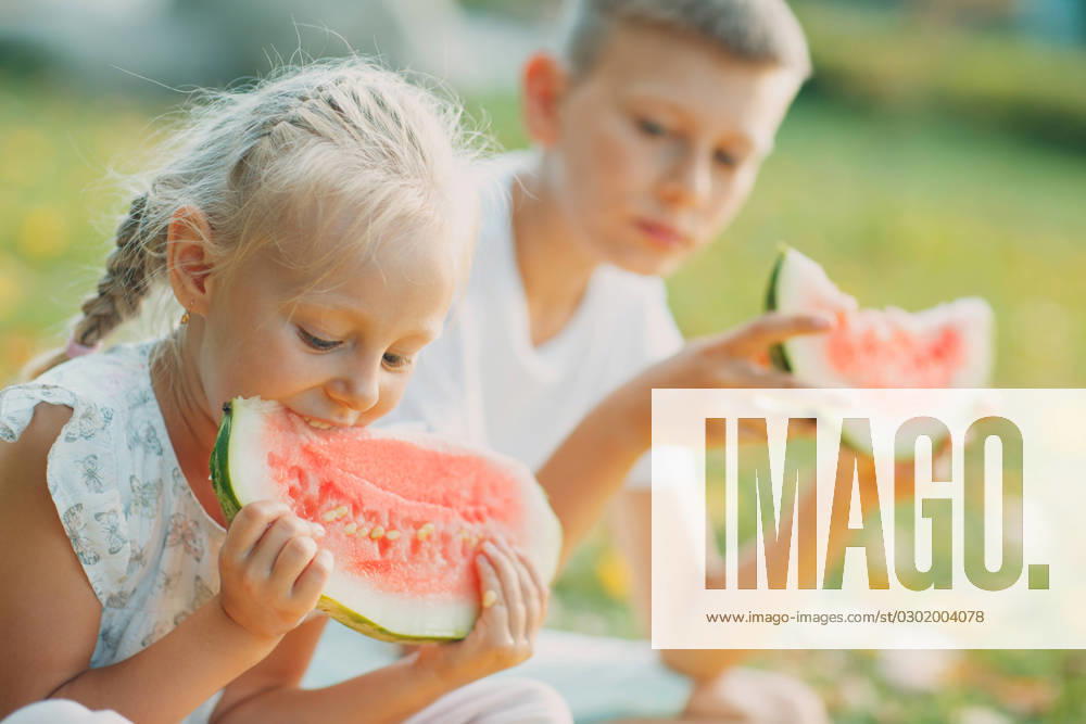 Funny little toddler kids brother and sister eating watermelon on the park. Happy boy and girl together. Childhood, Family, Healthy Diet Concept. Funny little toddler kids brother and sister eating watermelon on the park. Happy boy and girl together. Childhood, Family, Healthy Diet Concept ,model released, Symbolfoto