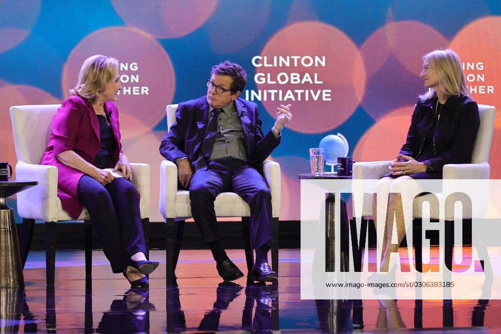 New York Hilton Midtown, New York, USA, September 19, 2023 - (L-R) Former US Secretary of State Hillary Clinton, Michael J. Fox, and Deborah Brooks speak onstage during the Clinton Global Initiative September 2023 Meeting at New York Hilton Midtown today in New York City. Photo: Giada Papini Rampelotto EuropaNewswire USA - ZUMAra1_ 20230919_aap_ra1_166