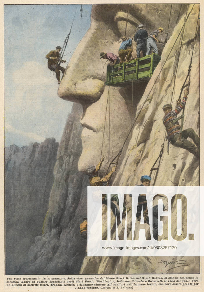 MOUNT RUSHMORE CARVED UP Supervised by Gutzon Borglum, Mount Rushmore, in the Black Hills of South Dakota, is carved with the faces of Washington, Jefferson, Lincoln and T Roosevelt, 1927 - 1941. Date: 1931