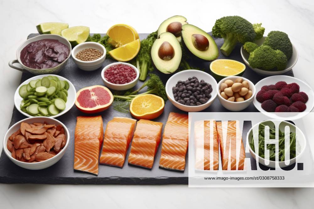 A diverse composition of nutritious food items elegantly presented in a balanced arrangement. Vibrant Healthy Food Spread