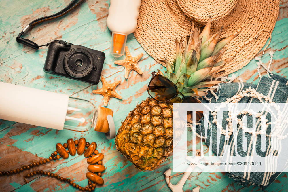 Summer vacation accessories Summer vacation accessories, travel or vacation concept. Summer background.