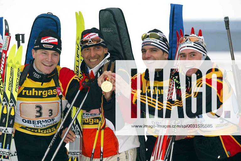 Biathlon relay of men s Sven Fischer, Frank Luck Ricco Gross and Michael Greis v left Biathlon World Cup in Oberhof in 2004 sport biathlon gold medal Oberhof Germany 00009