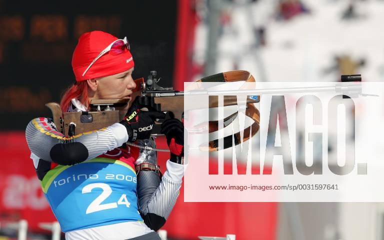 Biathlon women s relay silver medal Olympic Games 2006 recorded in San Sicario on 23 02 2006 Kati Wilhelm with gun shoot San Sicario, Italy