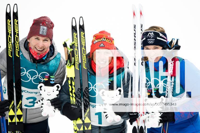 Anastasiya Kuzmina of Slovakia Silver Laura Dahlmeier of Germany gold and Anais Bescond of France Bronze celebrates after the Women s Biathlon 10 km Pursuit during day three of the 2018 Winter Olympics on February 12 2018 in Pyeongchang Photo Jon Olav Nesvold BILDBYR N code JE 160156