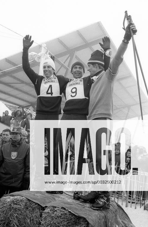 Olympic Winter Games 1968 in Grenoble winning picture after the Alalon was Herbert Huber Karl Schranz both Austria and Jean Claude Killy France Schranz left later disqualifizert HM