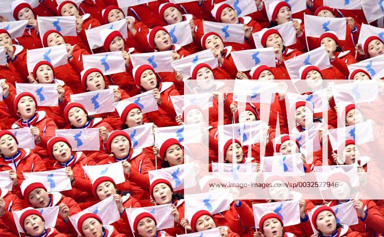 - SPORT Pyeongchang Olympics North Korean cheerleaders hold the Korean unification flag prior to the pair Figure skating Eiskunstlauf competition at the Pyeongchang Winter Olympics in Gangneung, South Korea on Feb. 15, 2018.