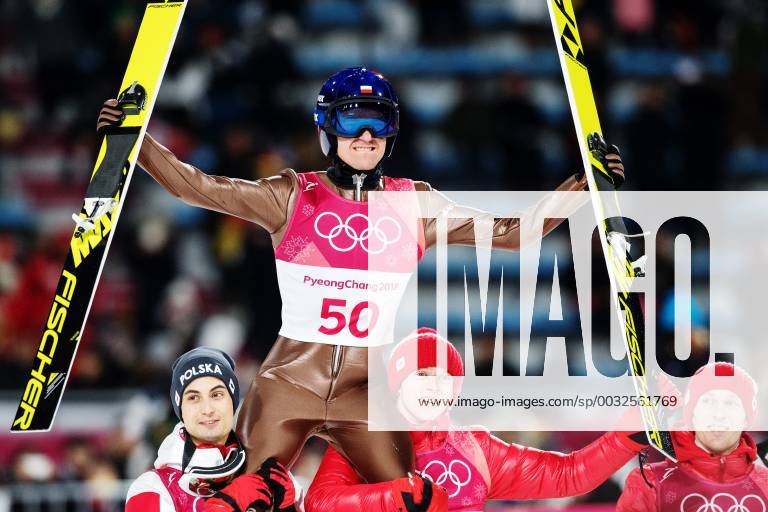 Kamil Stoch of Poland celebrates after jumping into the men s large hill individual final during day eight of the 2018 Winter Olympics on February 17 2018 in Pyeongchang Photo Carl Sandin BILDBYRAN code CS 57999 303