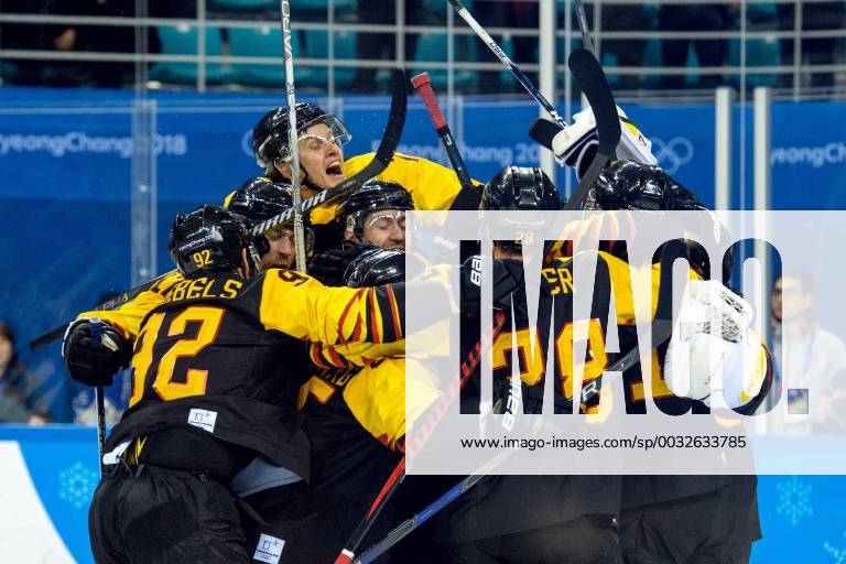 Germany celebrates after the Men s Ice Hockey Quarterfinals game between Sweden and Germany during day twelve of the 2018 Winter Olympics on February 21 2018 in Pyeongchang Photo Joel Marklund BILDBYRAN code JM 87642