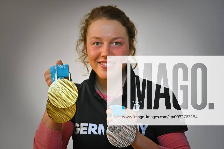 Double olympia winner Laura DAHLMEIER GER with her medals she won at the Olympic Winter Games 2018 in PyeongChang South Korea DSV press event with Laura DAHLMEIER on 02 03 2018 Biathlon