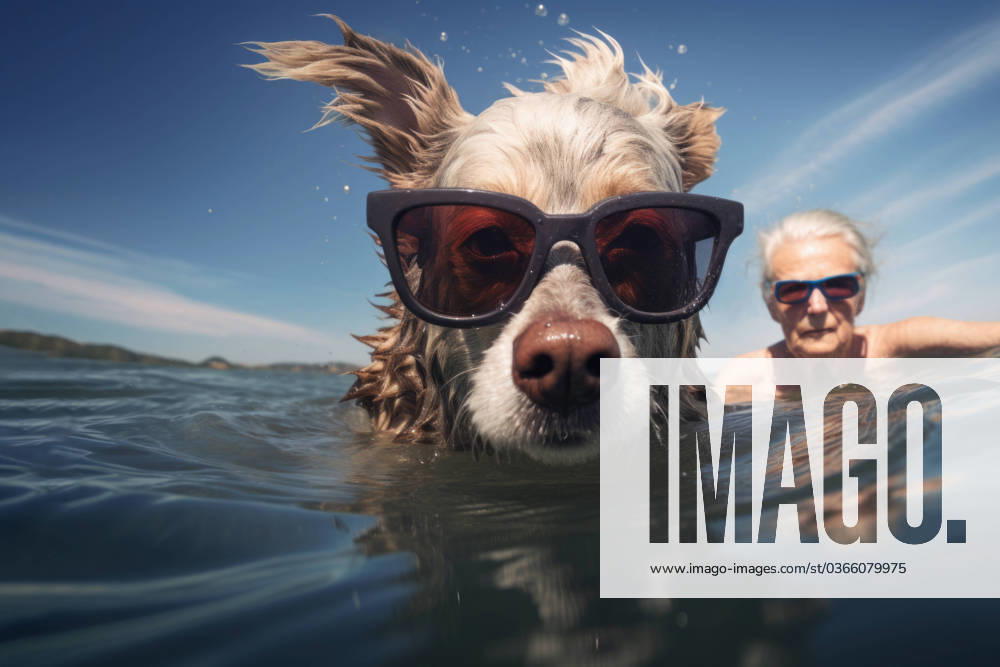 PR_ID17532_5444_AiPr151023-301023Pets.jpg AI Generated Image of cute adorable dog with sunglasses looking at camera while swimming in a pond near his elderly owner, Property released Model Released Zhenikeyev_ID17532_531480_001