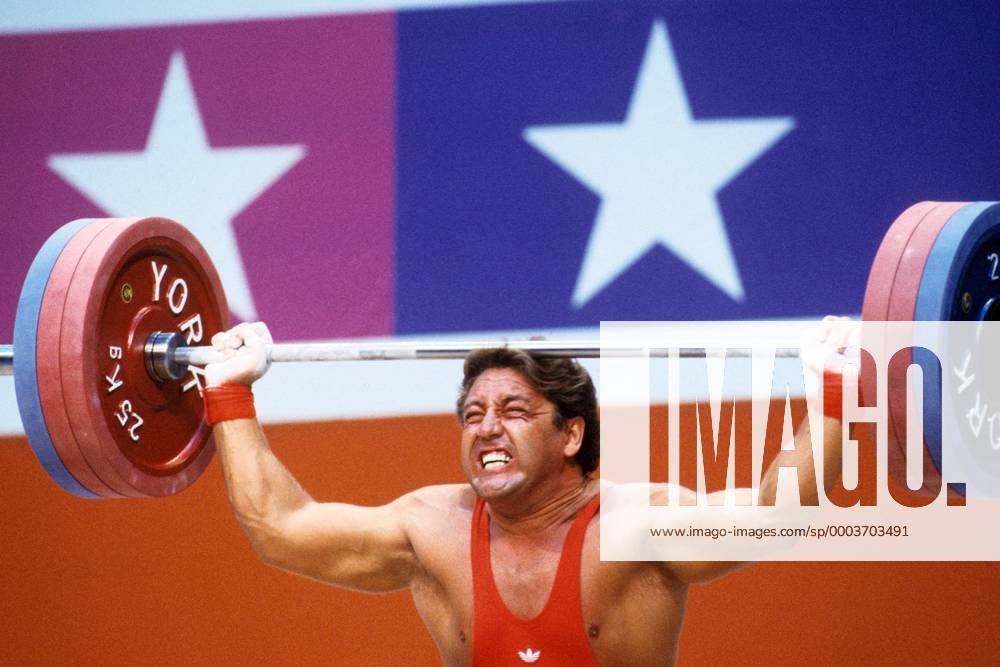 Rolf Milser (BR Deutschland) Gewichtheben OS Sommer Herren Olympische Spiele Los Angeles 1984, Sommerspiele, Einzelbild Los Angeles, LA, L A Anstrengung,