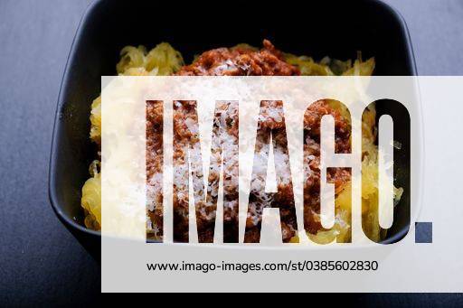 Homemade spaghetti squash with meat sauce ready to eat 1776796
