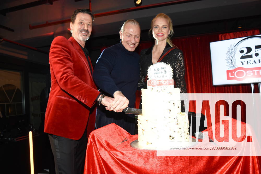 Klaus Rader and Friedemann Findeis L Osteria co-founder Franziska Knuppe Top Model Munich 16 01 2024 L,Osteria Pizza e Pasta 25 Years celebration Schwanthalerstrsse 111, Munich