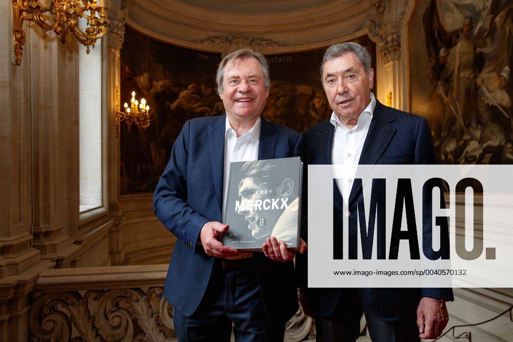 VRT journalist Johny Vansevenant and Former Belgian cyclist Eddy Merckx pictured during a press presentation of the book entitled 1969 - Het jaar van Eddy Merckx 1969, l annee de Eddy Merckx on cycling champion Eddy Merckx, written by VRT journalist Johny Vansevenant, Wednesday 29 May 2019, in Brussels. KURTxDESPLENTER x05594686x