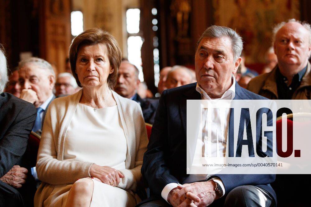 Former Belgian cyclist Eddy Merckx and his wife Claudine Acou pictured during a press presentation of the book entitled 1969 - Het jaar van Eddy Merckx 1969, l annee de Eddy Merckx on cycling champion Eddy Merckx, written by VRT journalist Johny Vansevenant, Wednesday 29 May 2019, in Brussels. KURTxDESPLENTER x05594701x