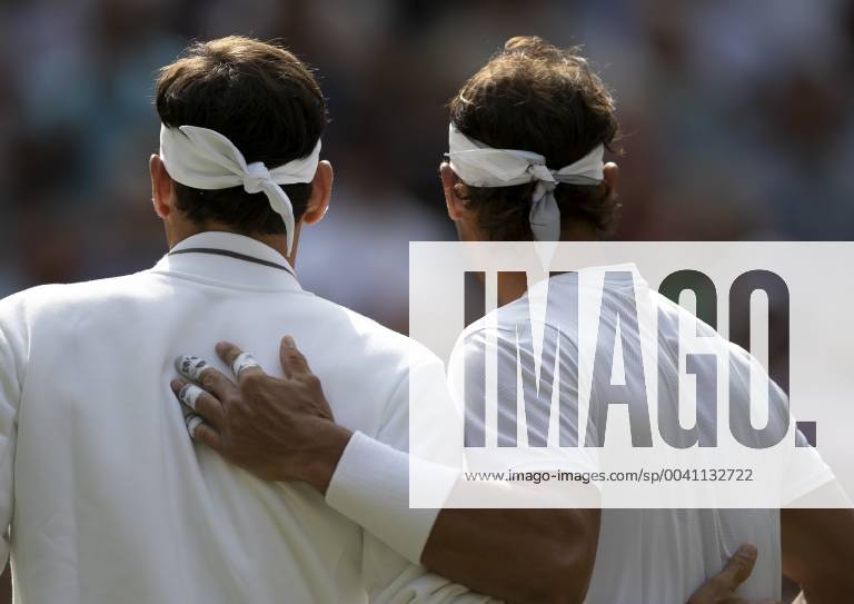 (190713) -- LONDON, July 13, 2019 -- Roger Federer (L) of Switzerland and Rafael Nadal of Spain pose for a photo before their men s singles semi-final match at the 2019 Wimbledon Tennis Championships in London, Britain, on July 12, 2019. Roger Federer won 3-1. ) (SP)BRITAIN-LONDON-TENNIS-WIMBLEDON-DAY 11 HanxYan