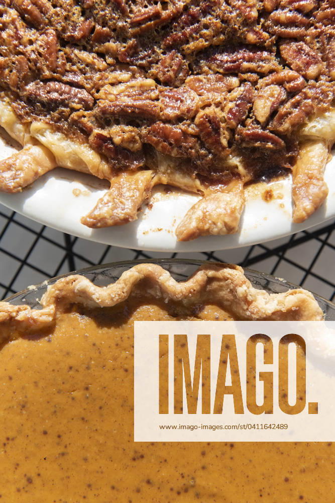 IMAGO Creative, Herbst, Food, Pumpkin Pie Pumpkin and pecan pies on a cooling rack , 20.12.2023, TTBB_ti0002_03736.jpg, Pecan,Thanksgiving,American Culture,Food And Drink,Traditional Culture,Celebration,Studio Shot,Color Image,Vertical,Directly Above,Close-up,No People,Still Life,Three Objects,White Background,Pie,Cooling,Rack,Nut,Baked,Ready To Eat,Dessert,Sweet Food,Indulgence,Pumpkin