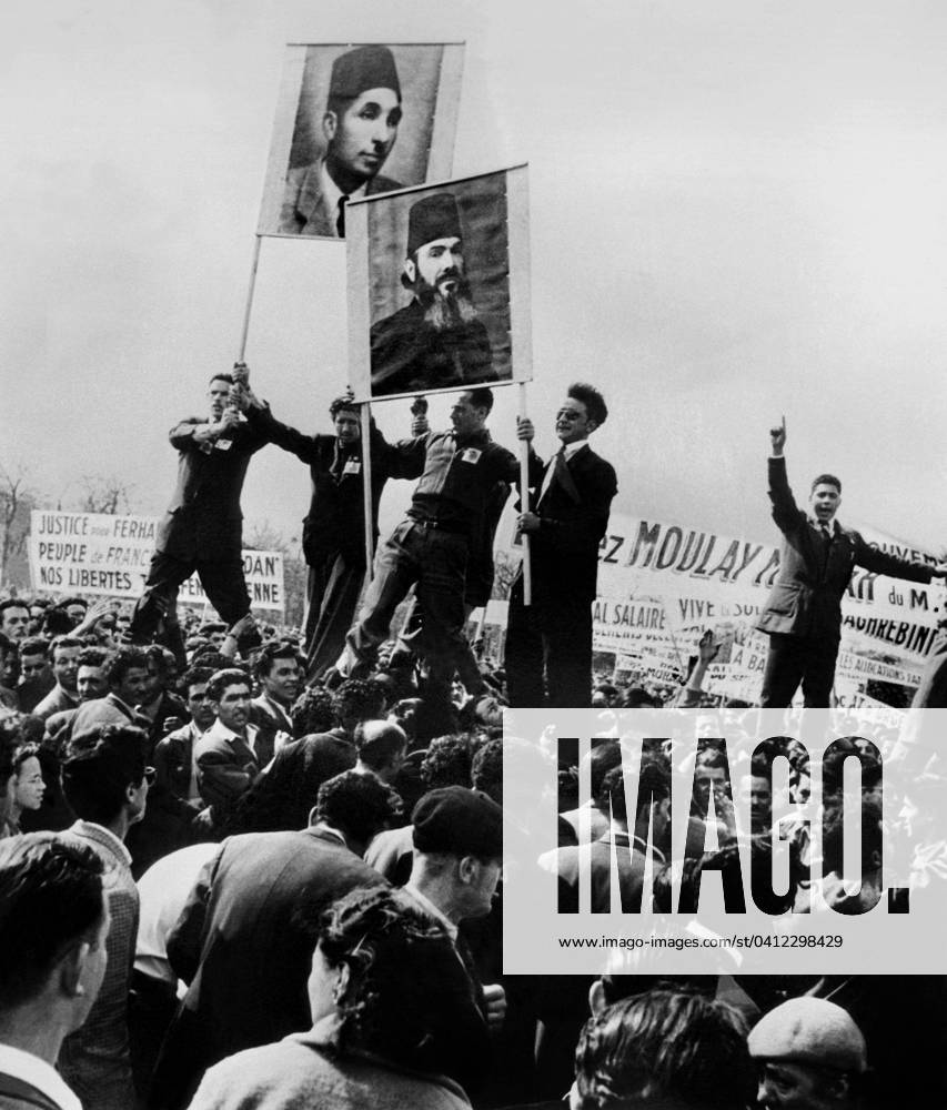 Demonstration against French presence in Algeria, 1 may 1955 (b w photo) 1713811 Demonstration against French presence in Algeria, 1 may 1955 (b w photo); (add.info.: Meeting of the PCF in support of the Algerian nationalists of the MNA (Algerian national movement), in the presence of its leader MESSALI HADJ imprisoned in France the day after All Saints Day 1954.).