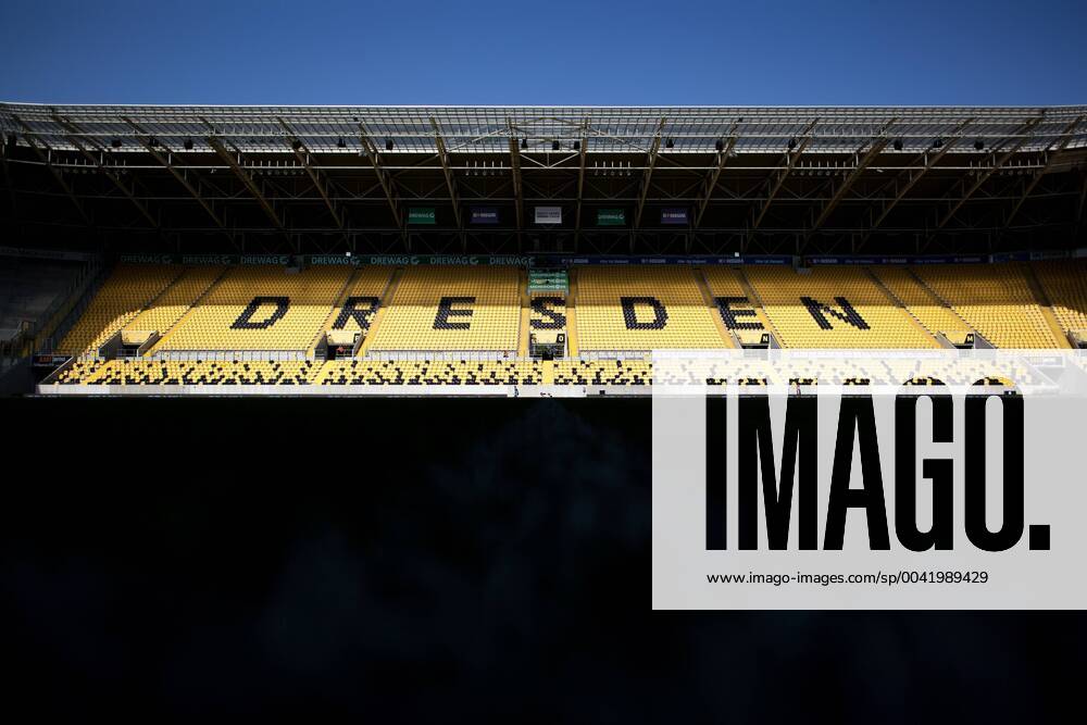 Back straight with Dresden logo in the sun shortly before the stadium gates will be opened 29 08 2019, football, GER, 2 Bundesliga, 5 matchday, season 2019 20, SG Dynamo Dresden vs. FC St Pauli, Rudolf Harbig stadium, SG Dynamo Dresden FC St Pauli