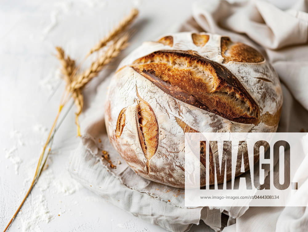 A rustic artisan sourdough loaf dusted with flour, accompanied by wheat stalks, evokes a sense of tradition. Captured by Generative AI Model Released RamonLopez_ID20331_601380_006