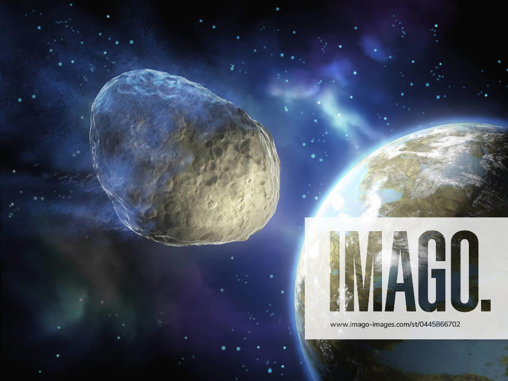 Asteroid on a collision path with a planet Asteroid on a collision path with an Earth-like planet. Digital illustration, 3d rendering. ,property released