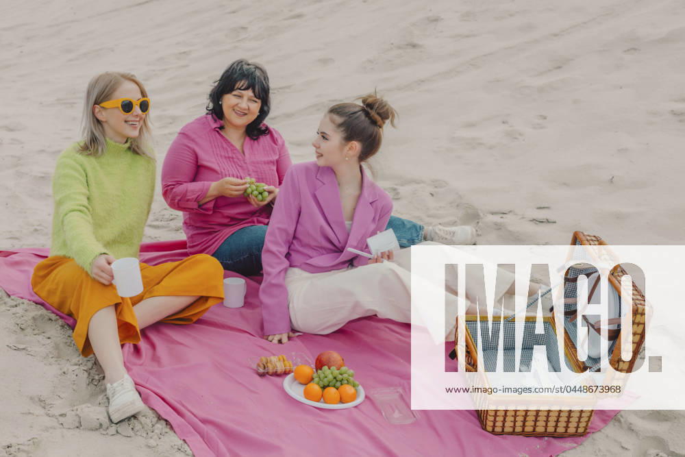 Happy family enjoying picnic together on sand model released, Symbolfoto, VSNF01877