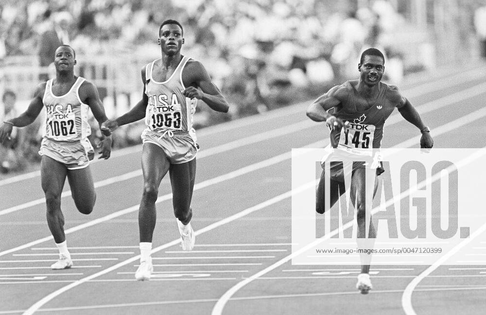 Athletics, World Athletics Championships Lee McRae, USA, Carl Lewis, USA and Ben Johnson, Canada, during the 100 m final at The World Athletics Championships on August 30, 1987 in Rome, Italy BILDBYRAN,