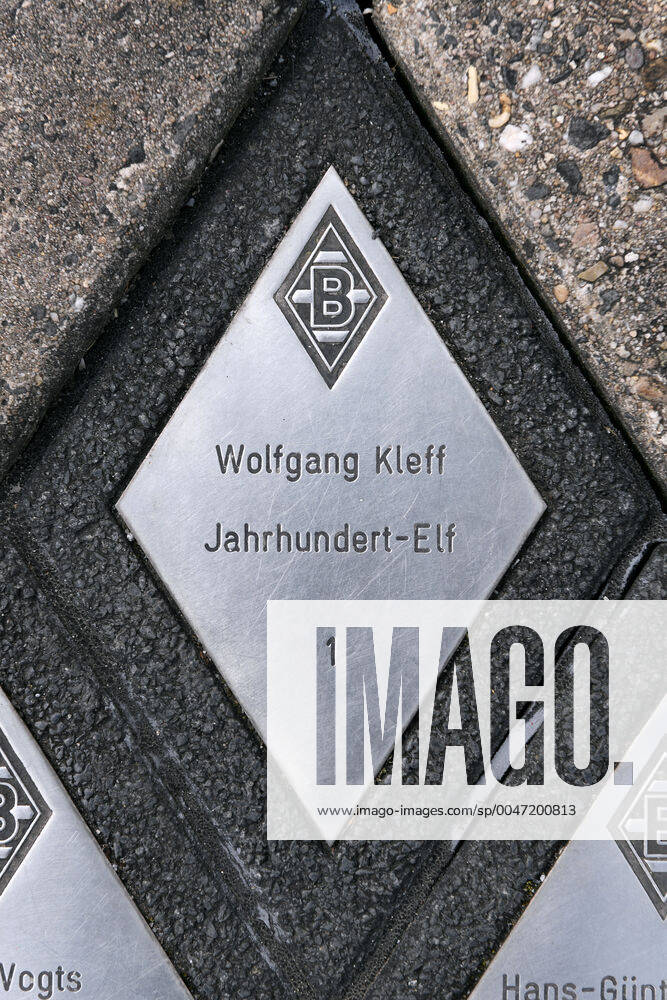 Soccer, Bundesliga, Germany, Men, Season 2019 2020, Borussia Park Mönchengladbach, Paving stones in diamond shape with the names of honourable players of the Borussia Jahrhundert Elf behind the stadium, Wolfgang Kleff