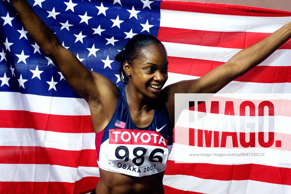Athletics, World Athletics Championships Gold medalist Michelle Perry of USA celebrate after womens 100 m hurdles at The World Athletics Championships on August 29, 2007 in Osaka, Japan BILDBYRAN,
