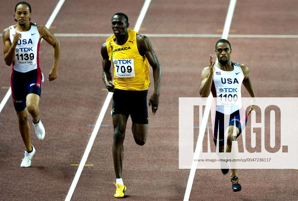 Athletics, World Athletics Championships Gold medalist Tyson Gay of USA wins 200 m before silver medalist Usain Bolt of Jamaica and bronze medalist Wallace Spearmon of USA at The World Athletics Championships on August 30, 2007 in Osaka, Japan BILDBYRAN,