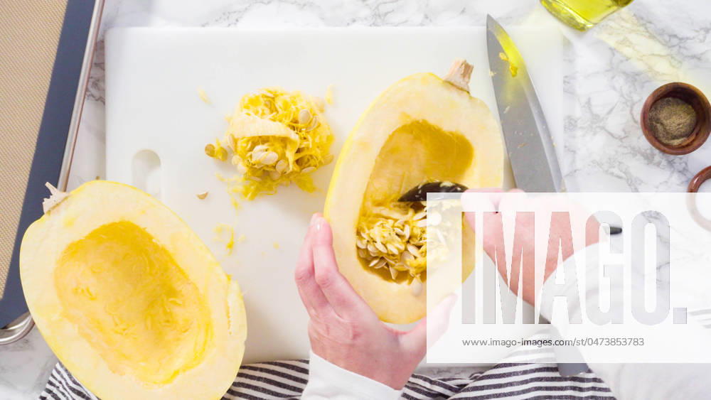 Spaghetti squash Step by step. Flat lay. Preparing organic spaghetti squash with olive oil, salt, and pepper.