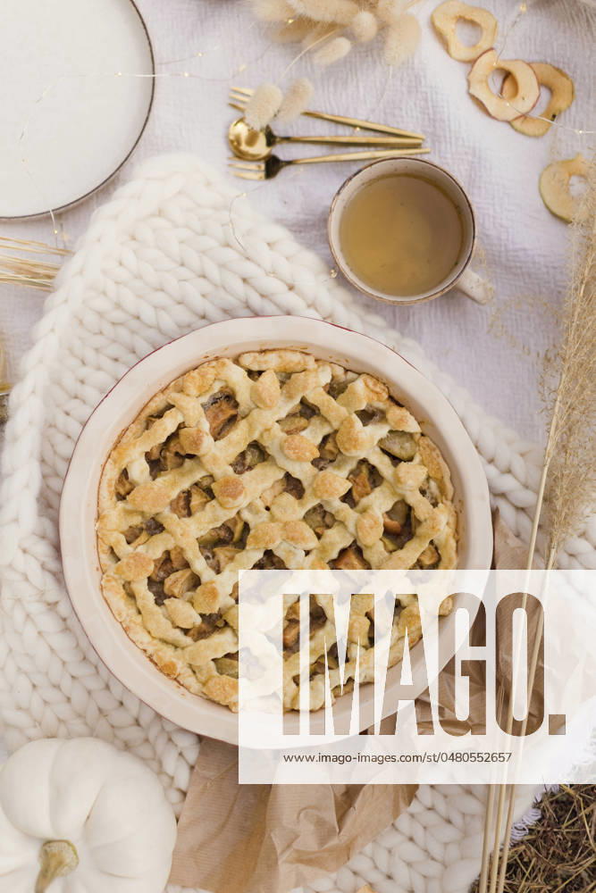 IMAGO Creative, Herbst, Food, Apfelkuchen Freshly baked apple pie with herbal tea amidst decorations, ONAF00819
