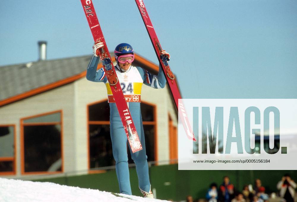 Michael Eddy the Eagle Edwards (Großbritannien) Skispringen OS Winter Herren Olympische Spiele 1988, Winterspiele, Ski Nordisch, Skisport Einzelbild Calgary Freude,